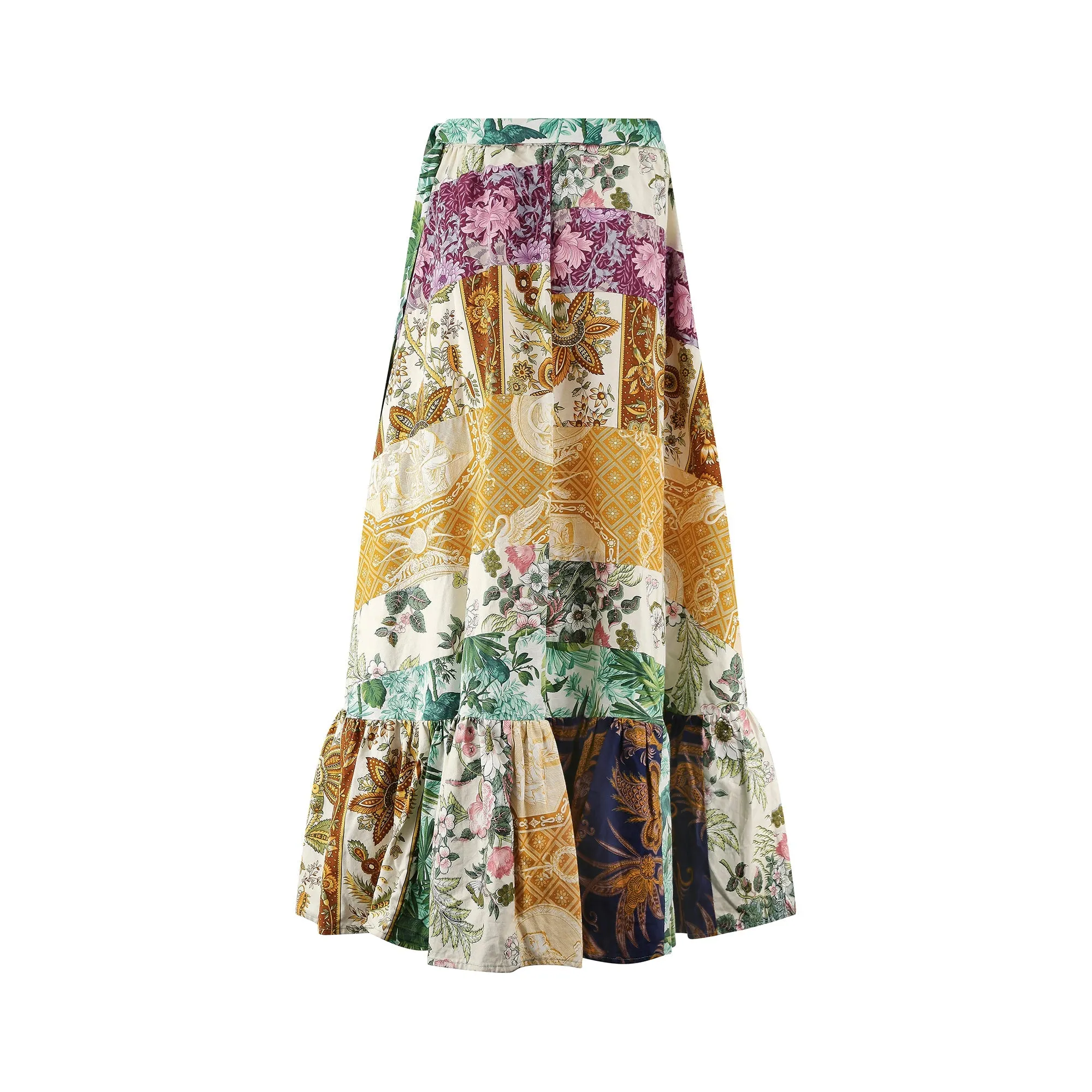 1970s Cotton Patchwork Skirt with Deep Flounce