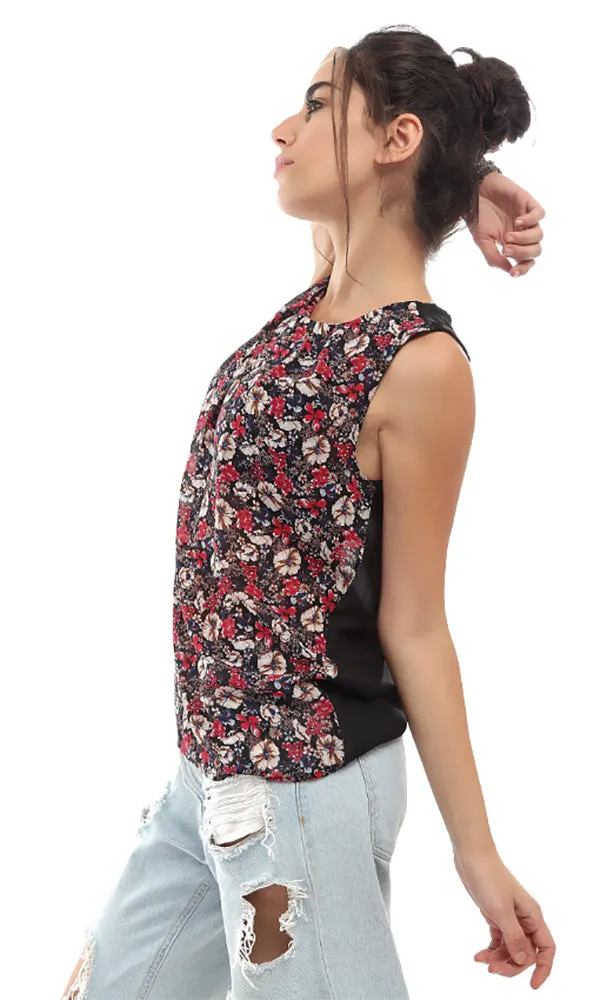 47702 Floral Sleeveless Top - Black