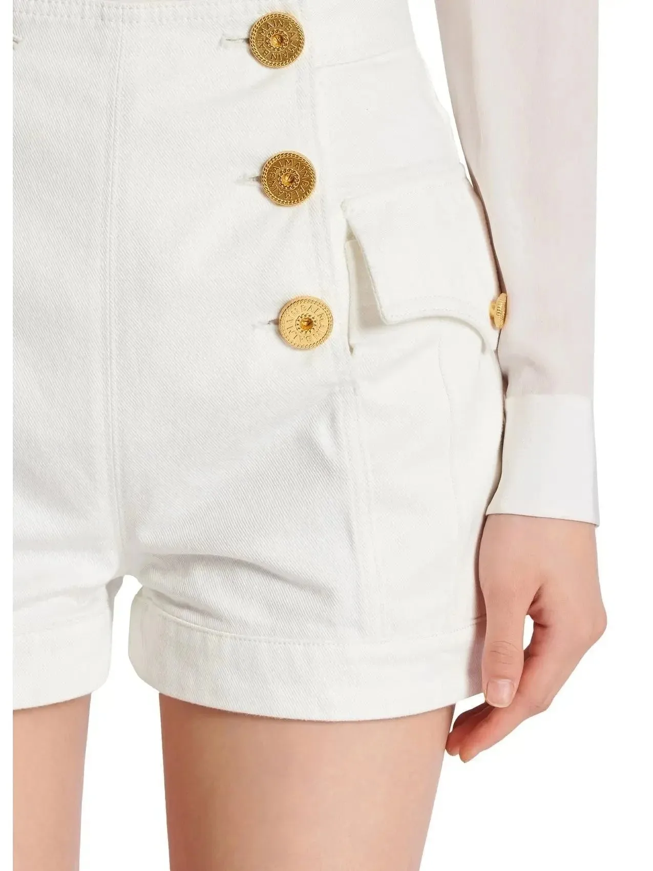 6-Button White Denim Shorts