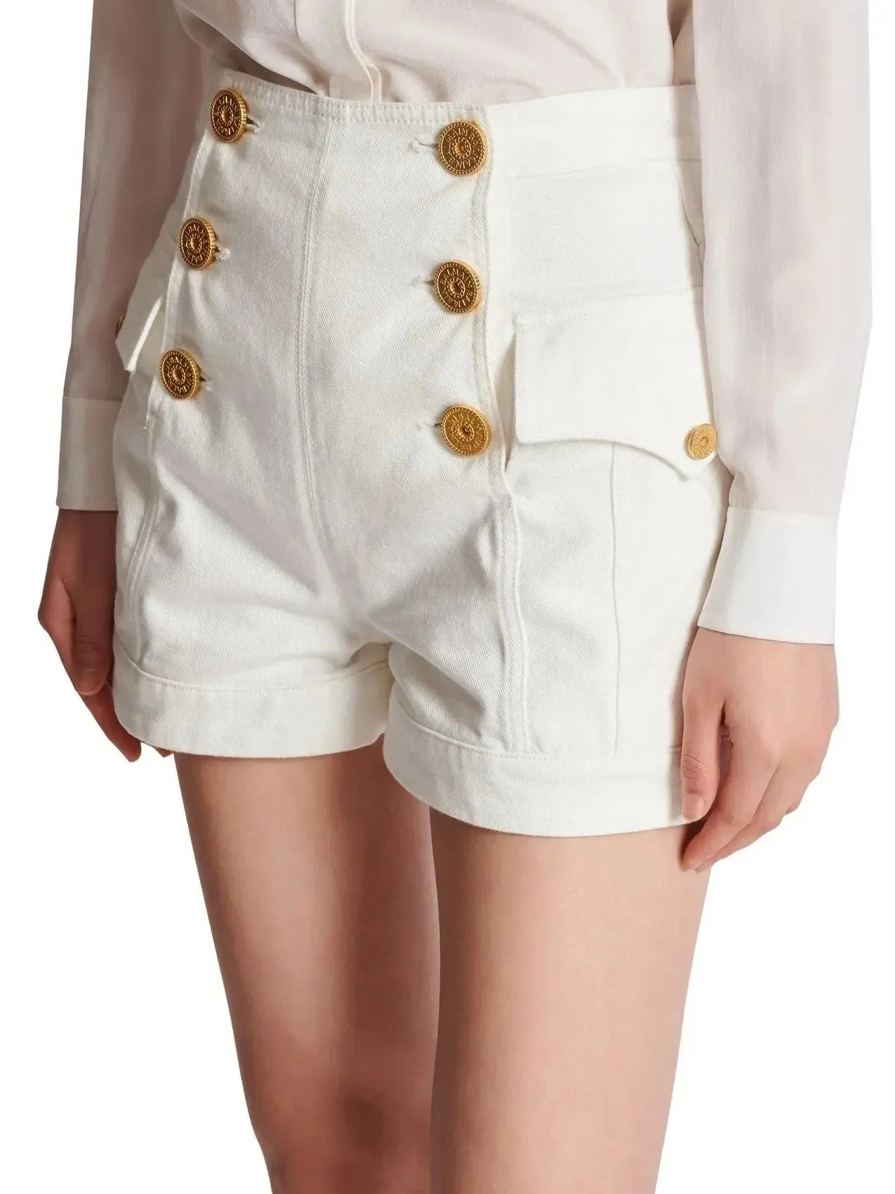 6-Button White Denim Shorts