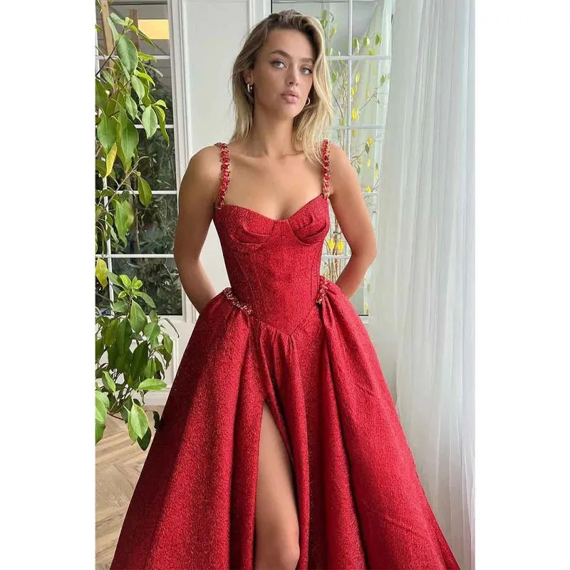 A Line Sweetheart Side Slit Red Long Prom Party Dress with Pockets