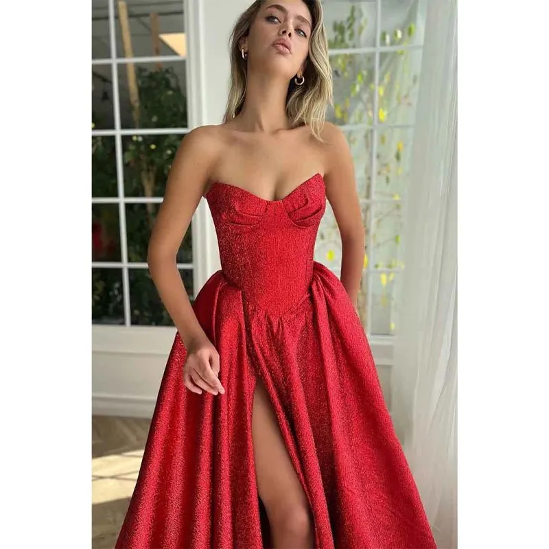 A Line Sweetheart Side Slit Red Long Prom Party Dress with Pockets