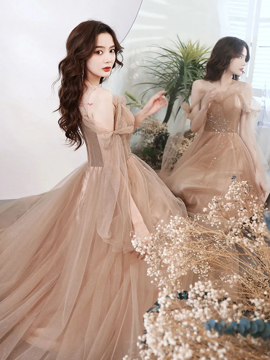 A line Tulle Beads Champagne Long Prom Dress, Champagne Graduation Dresses