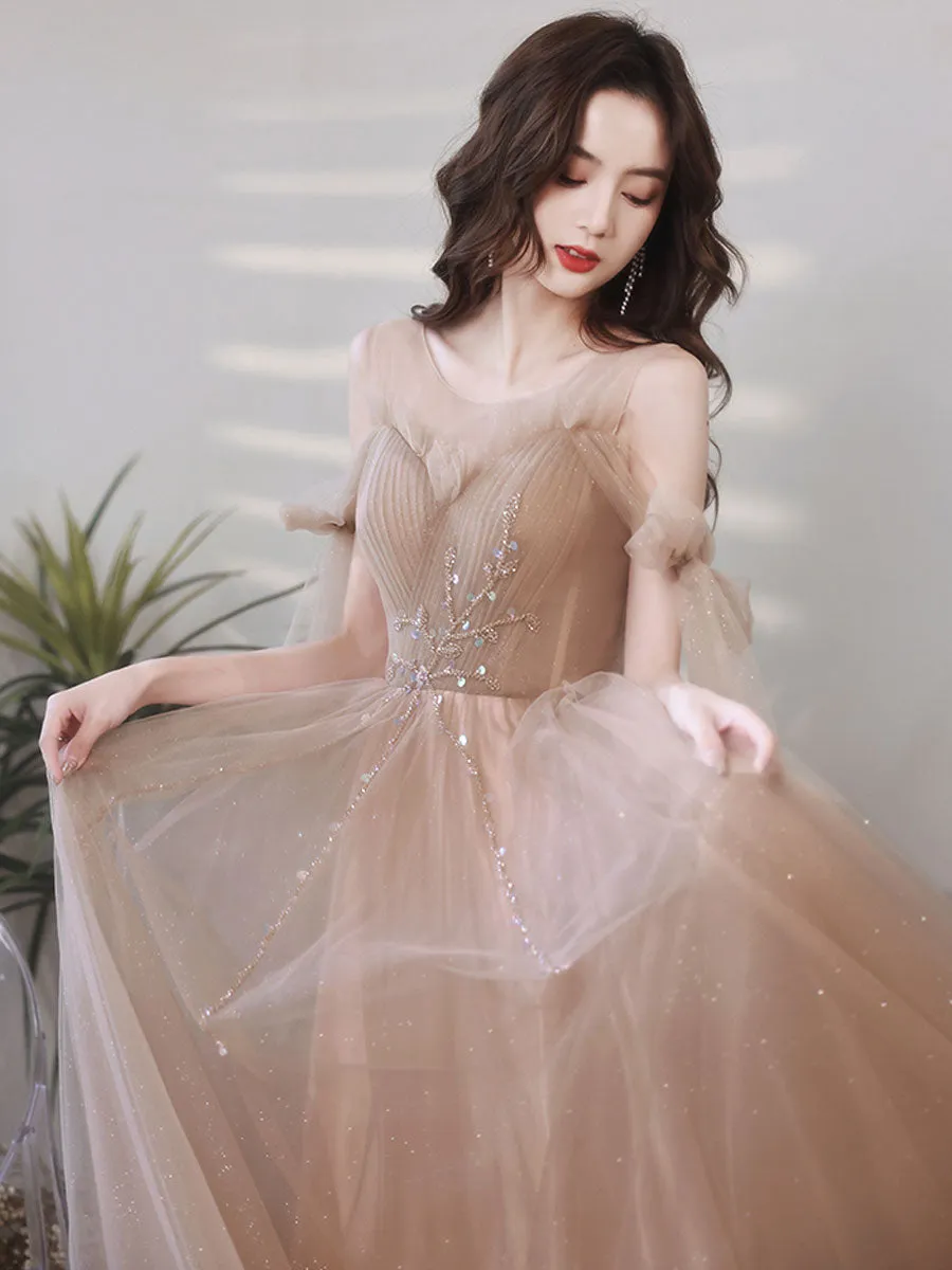 A line Tulle Beads Champagne Long Prom Dress, Champagne Graduation Dresses