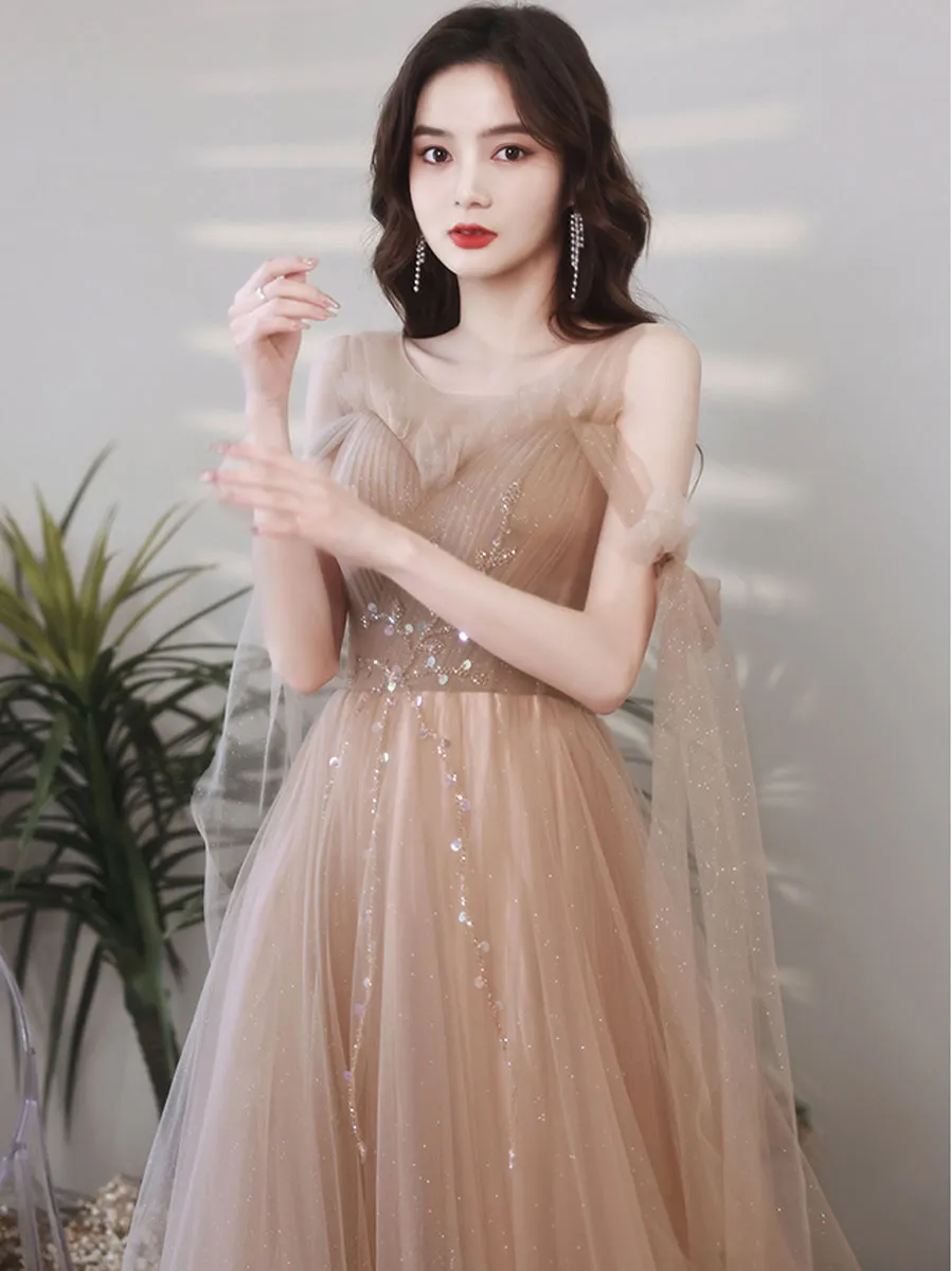 A line Tulle Beads Champagne Long Prom Dress, Champagne Graduation Dresses