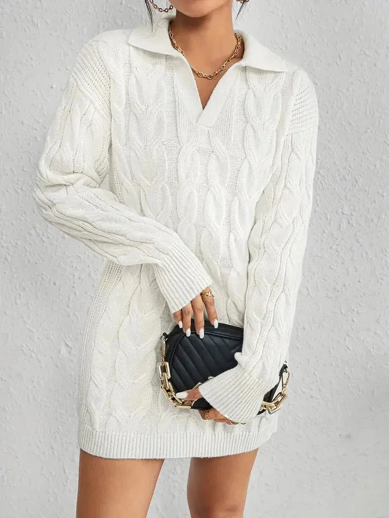 Amozae-nye outfits back to school dress  Collar Neck Cable Knit Sweater Dress