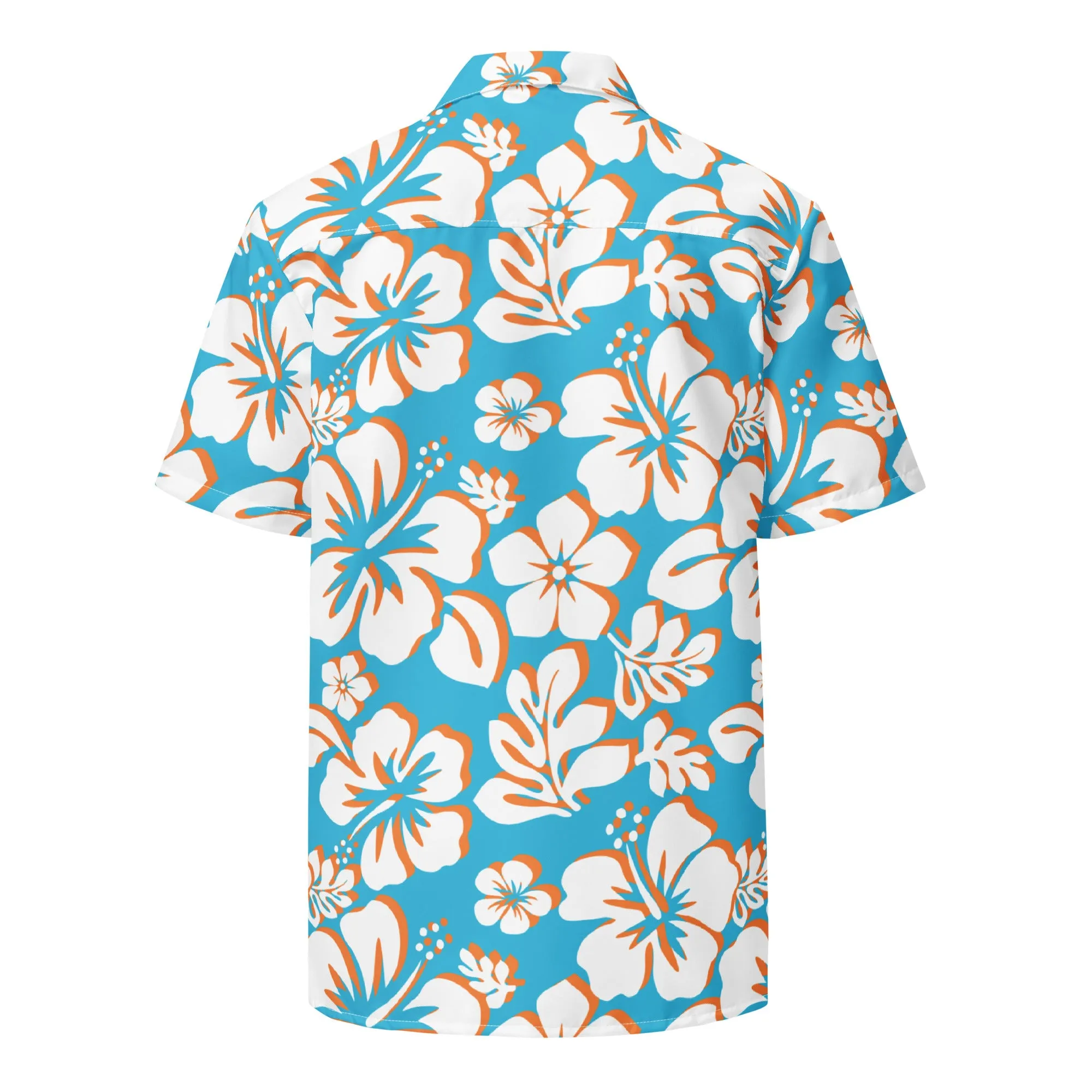 Aqua Blue, Orange and White Hawaiian Print Aloha Shirt