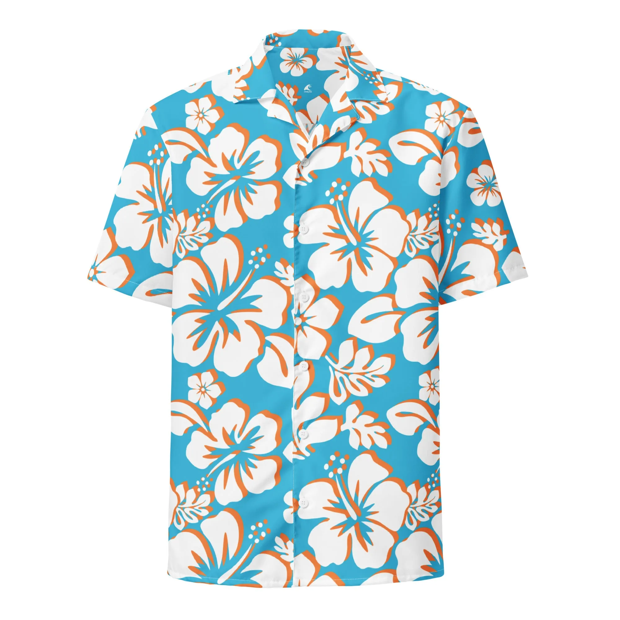 Aqua Blue, Orange and White Hawaiian Print Aloha Shirt