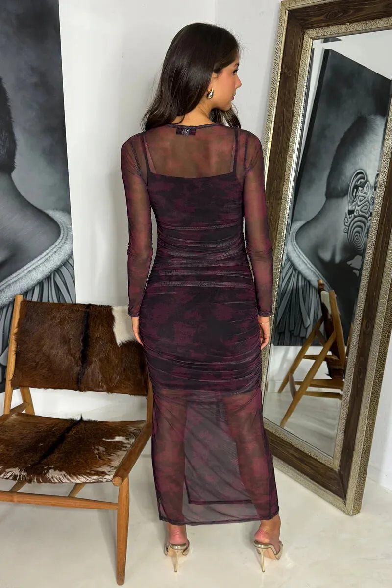 AX PARIS WINE PRINTED MESH OVERLAY LONG SLEEVE BODYCON MIDI DRESS