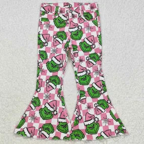 Baby Girls Denim Pants Christmas Pink Face Checkered Bell Flare Denim Jeans Pants P0483