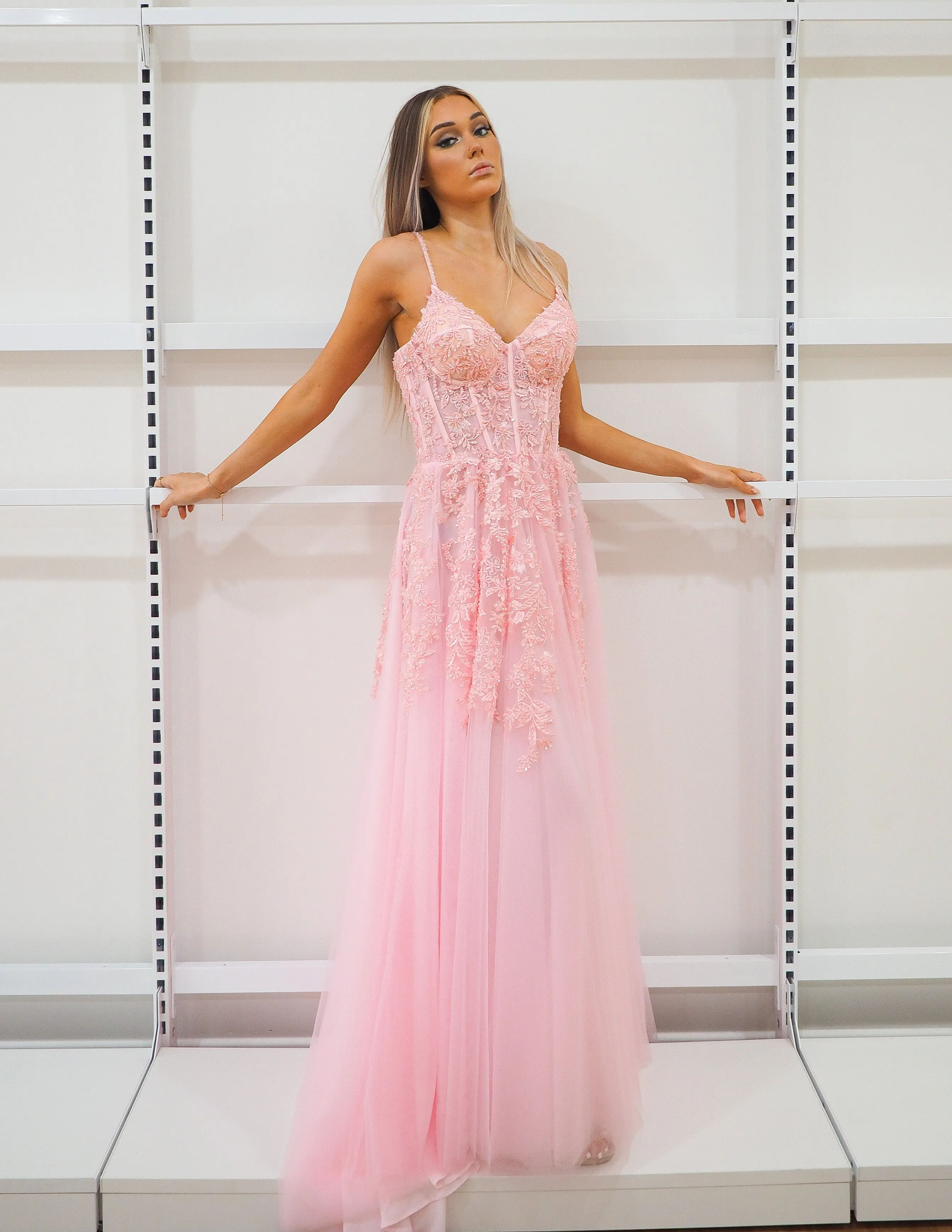 Baby pink tulle corset lace princess dress with lace up back