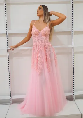 Baby pink tulle corset lace princess dress with lace up back