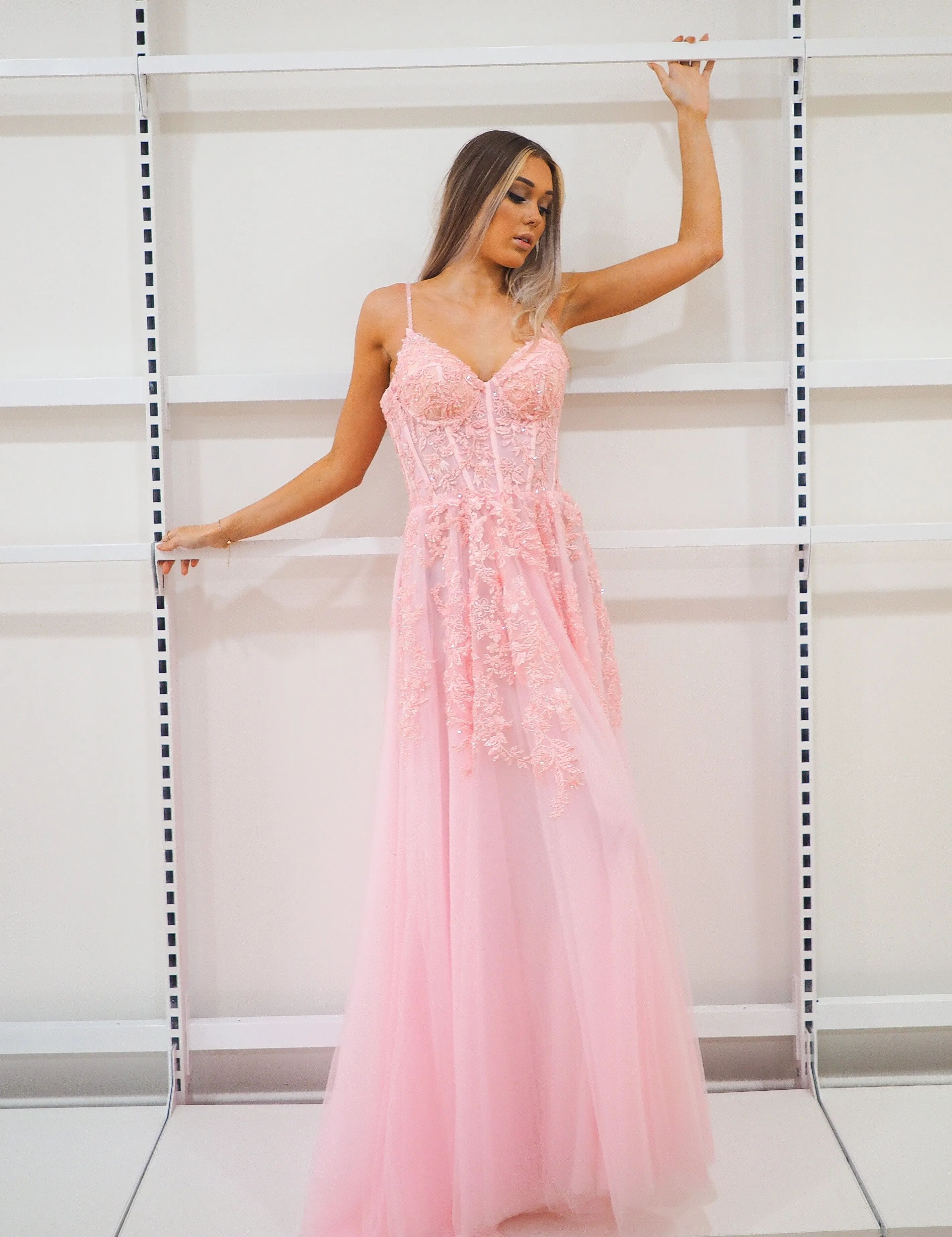 Baby pink tulle corset lace princess dress with lace up back