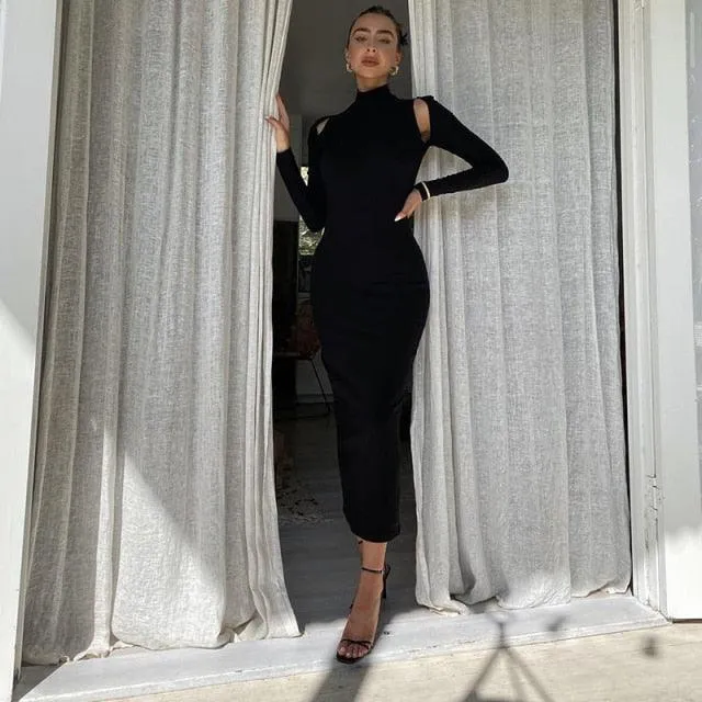 Backless Sexy Knitted Long Sleeve Slim Midi Dress