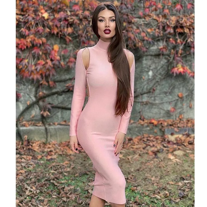 Backless Sexy Knitted Long Sleeve Slim Midi Dress