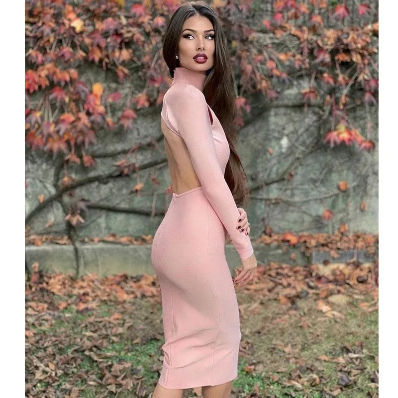 Backless Sexy Knitted Long Sleeve Slim Midi Dress