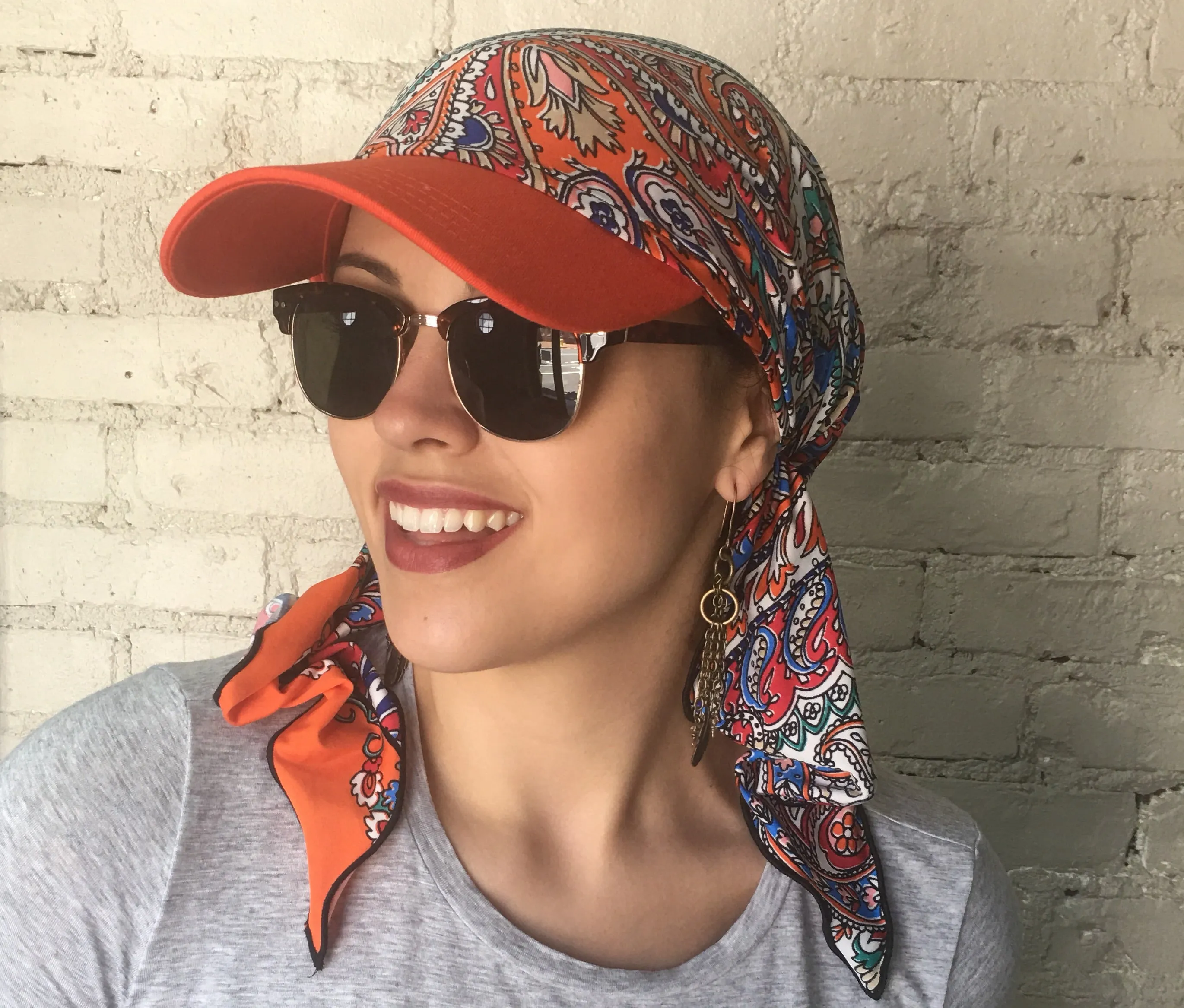 Baseball Cap | Hat Sun Visor | Beautiful Hijab Head Scarf Orange Bright Colorful Comfy Hair Wrap For Women