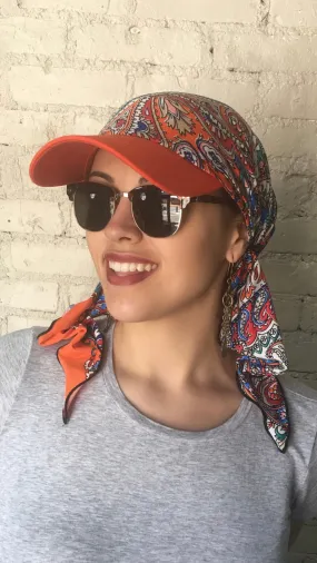 Baseball Cap | Hat Sun Visor | Beautiful Hijab Head Scarf Orange Bright Colorful Comfy Hair Wrap For Women