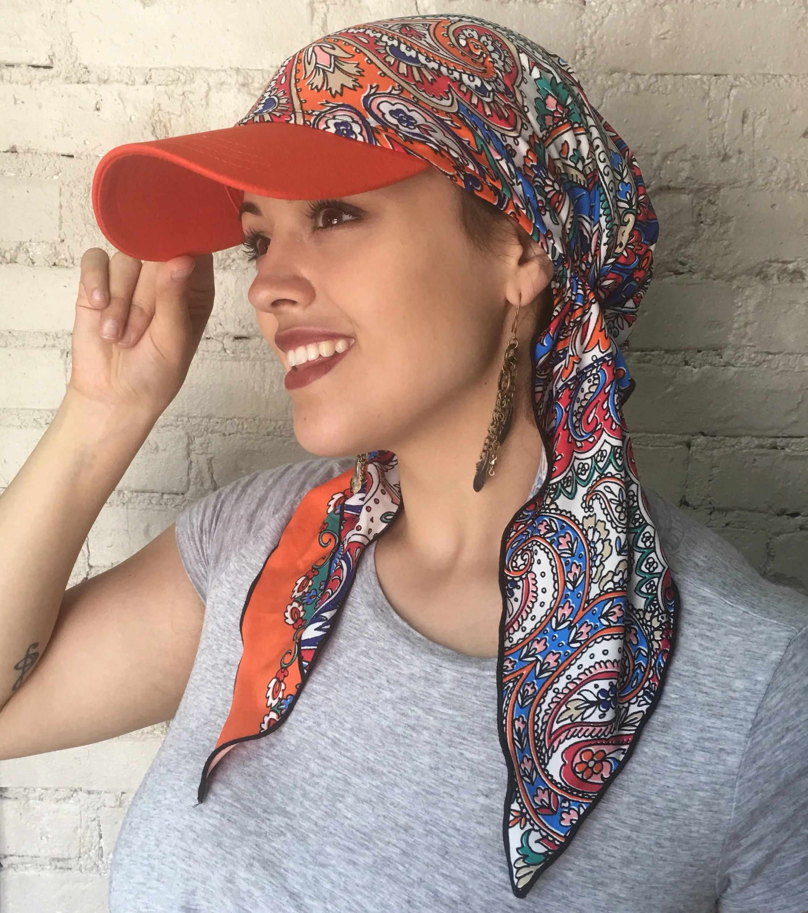 Baseball Cap | Hat Sun Visor | Beautiful Hijab Head Scarf Orange Bright Colorful Comfy Hair Wrap For Women