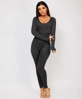 Black Elastic Ribbed Round Neck Jumpsuit