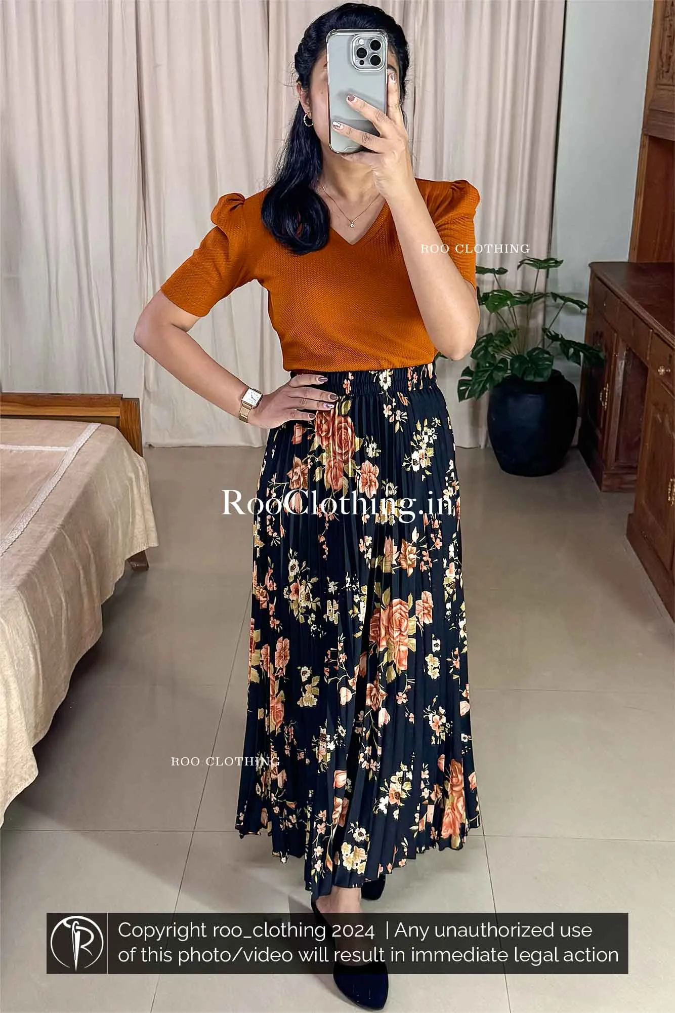 Black Full-Length Accordion Pleated Skirt with Vibrant Floral Print (Skirt Only)