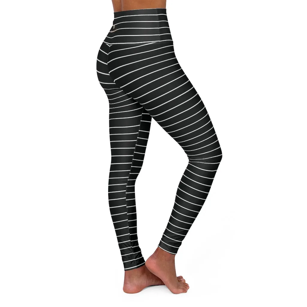 Black Horizontally Striped Tights, High Waisted Yoga Leggings, Black White Stripes Women's Tights - Made in USA