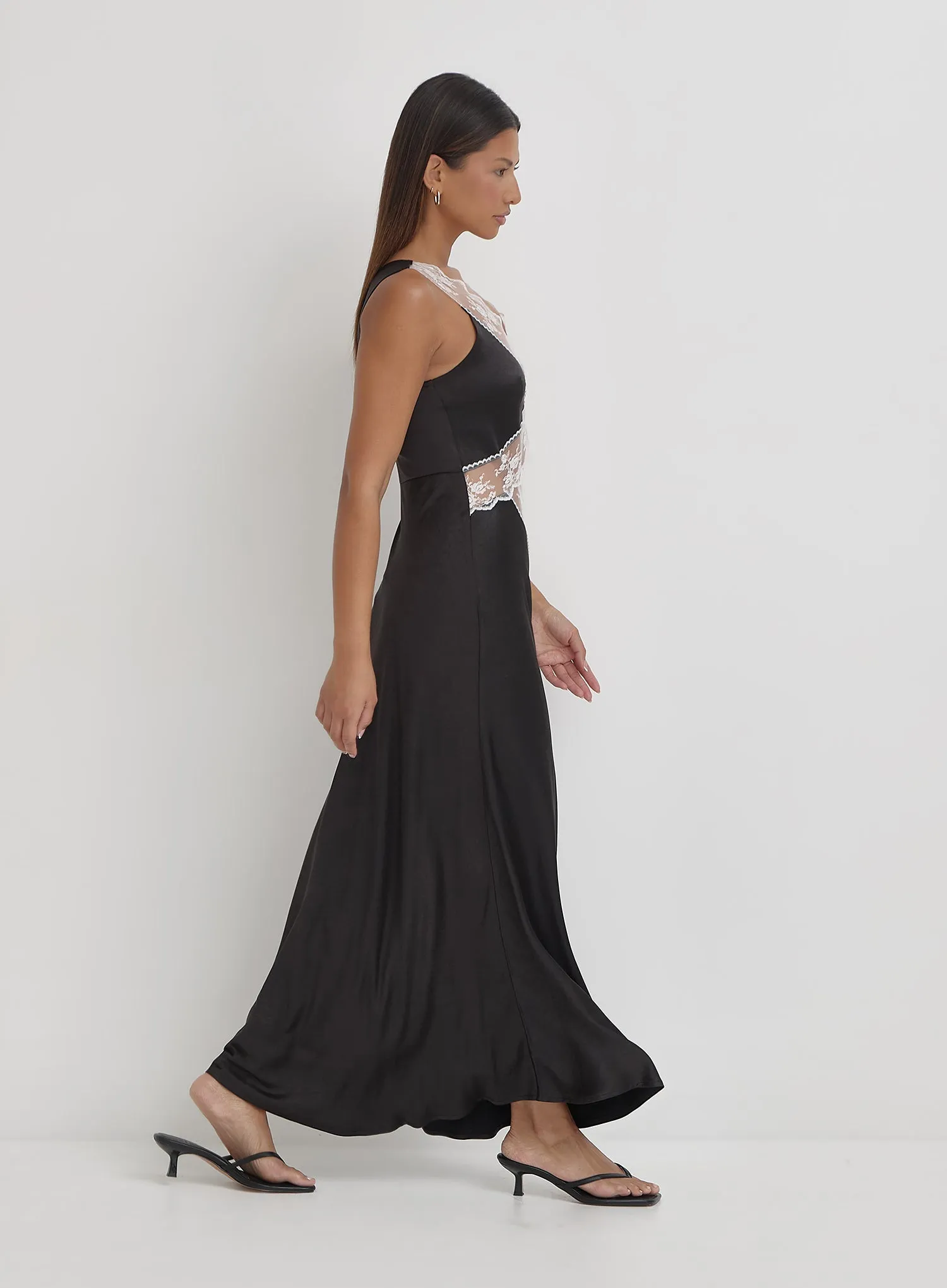 Black Satin Lace Slip Dress- Kelsey