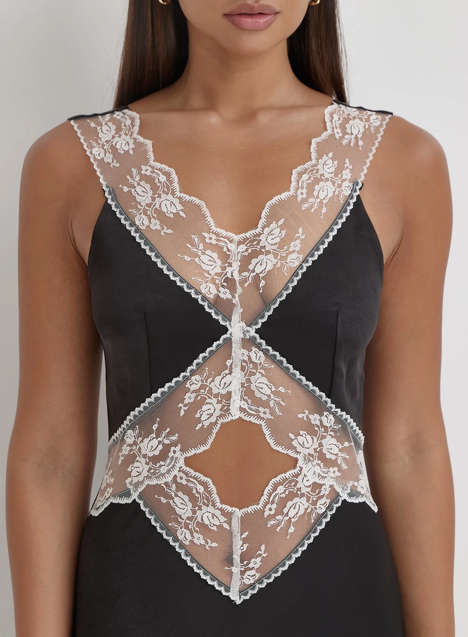 Black Satin Lace Slip Dress- Kelsey