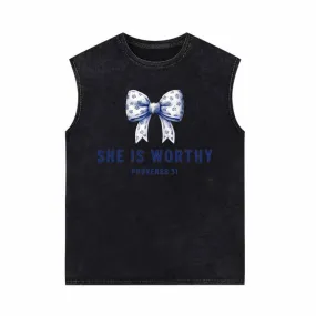 Blue Bow She Is Worthy Vintage Washed Vest Top