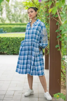 Blue Checked Double Collar Dress