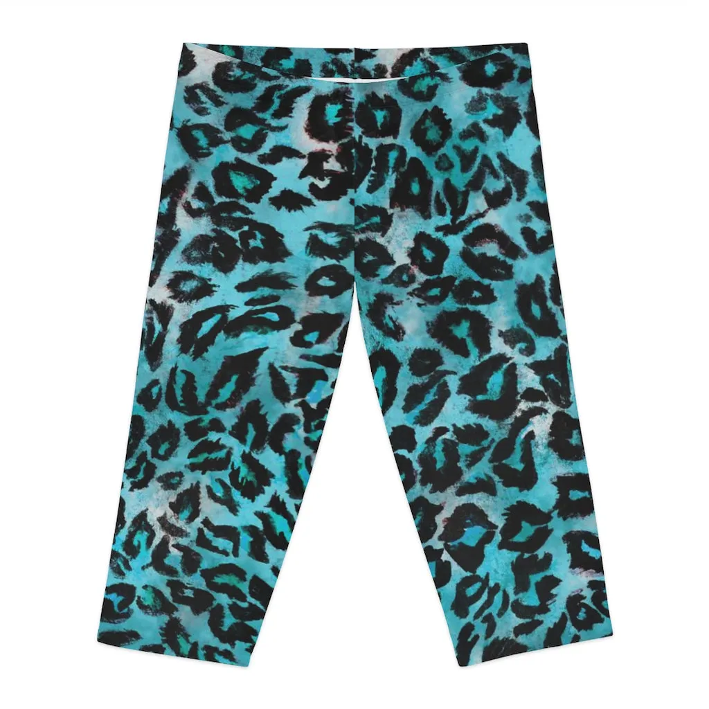 Blue Leopard Women's Capri Leggings, Knee-Length Polyester Capris Tights-Made in USA (US Size: XS-2XL)