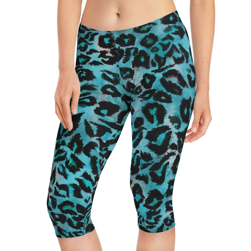 Blue Leopard Women's Capri Leggings, Knee-Length Polyester Capris Tights-Made in USA (US Size: XS-2XL)