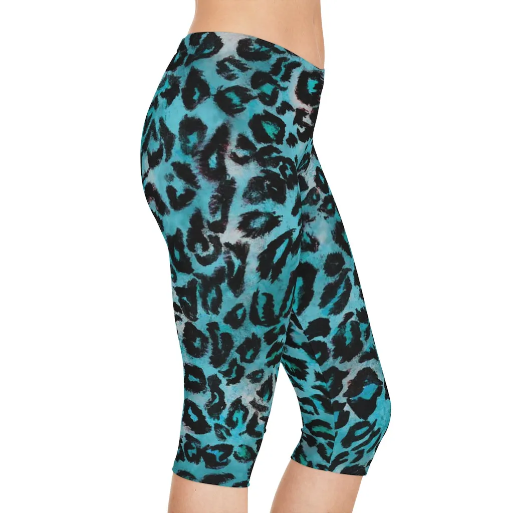 Blue Leopard Women's Capri Leggings, Knee-Length Polyester Capris Tights-Made in USA (US Size: XS-2XL)