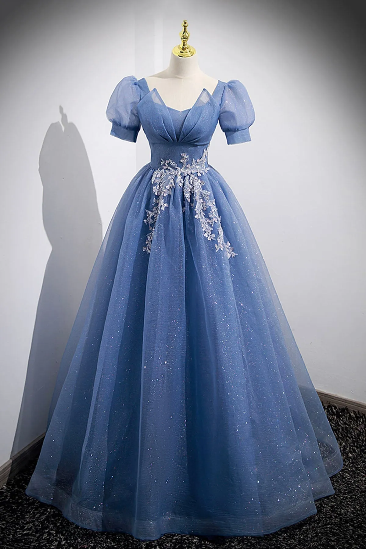 Blue Tulle Lace Floor Length Prom Dress, Blue Short Sleeve Evening Dress