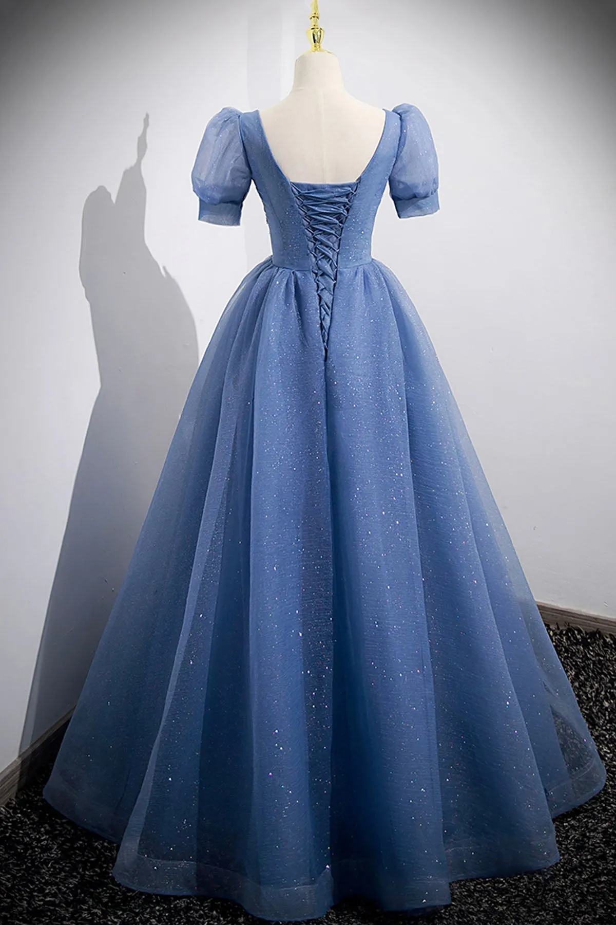 Blue Tulle Lace Floor Length Prom Dress, Blue Short Sleeve Evening Dress