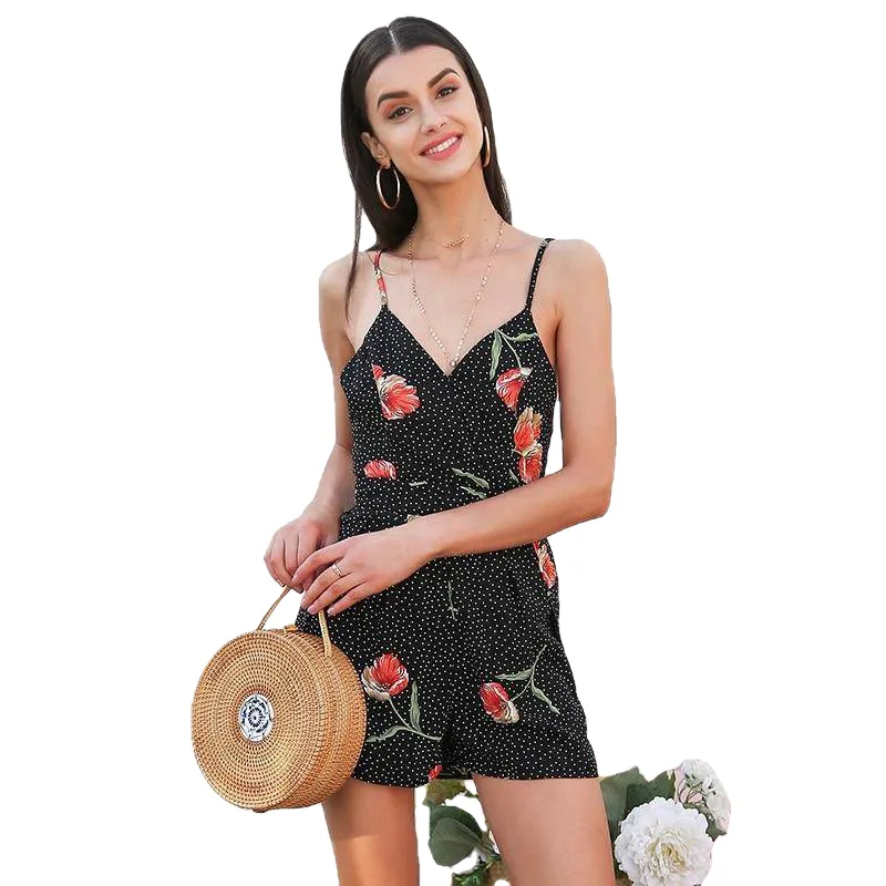 Boho Style Sexy Women's V-neck Backless Tie Up Playsuit With Floral Print