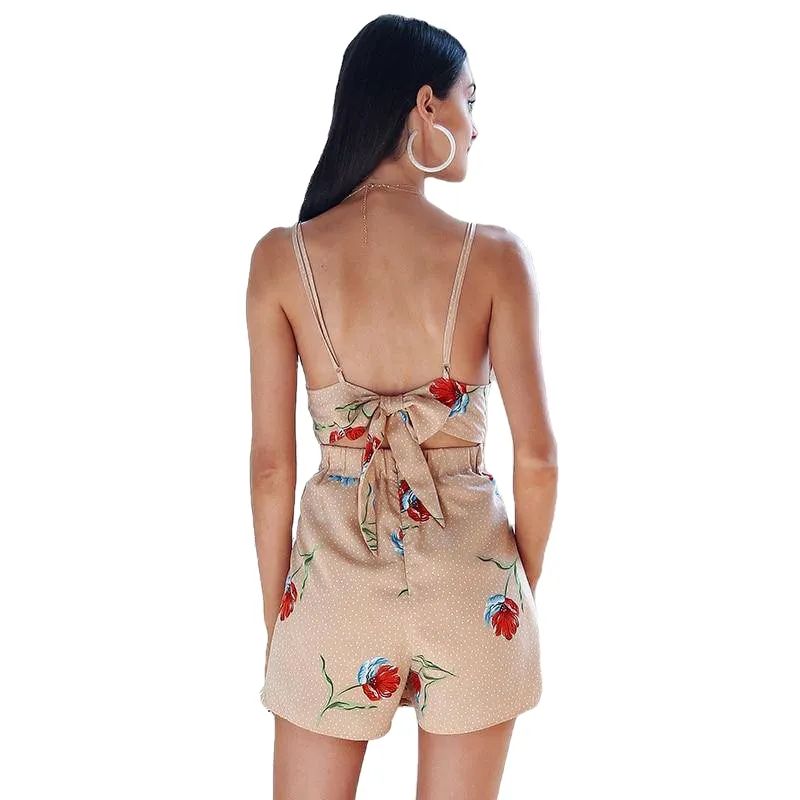 Boho Style Sexy Women's V-neck Backless Tie Up Playsuit With Floral Print