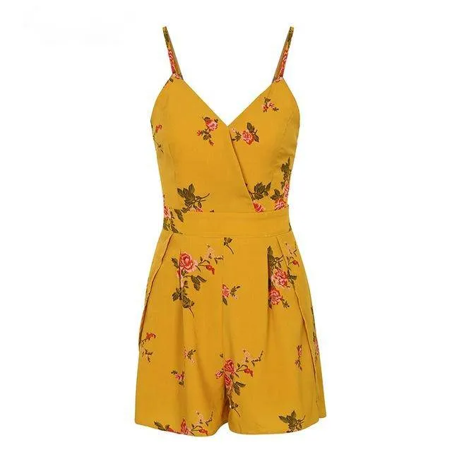 Boho Style Sexy Women's V-neck Backless Tie Up Playsuit With Floral Print