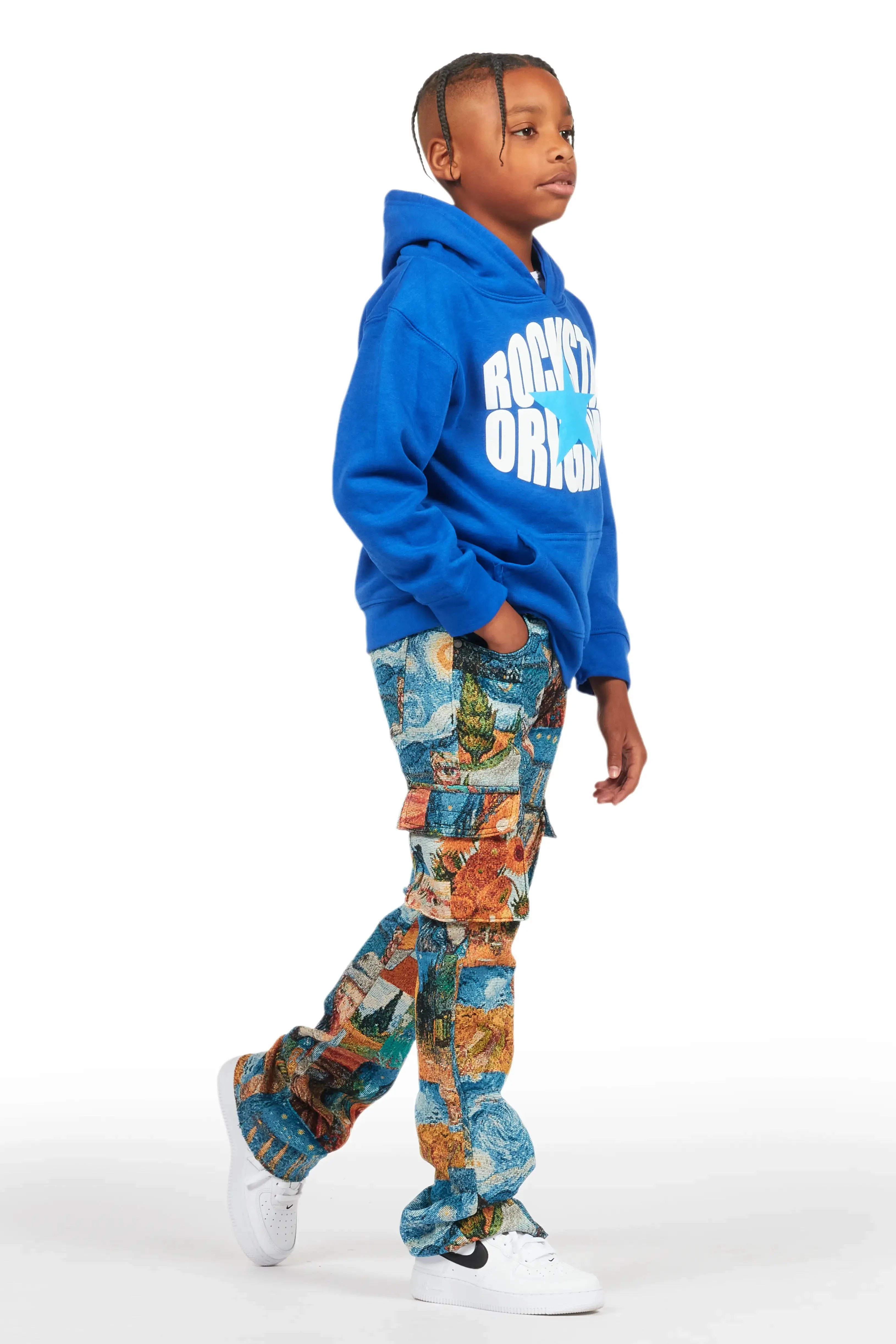 Boys Zaire Blue Multi Tapestry Stacked Flare Jean