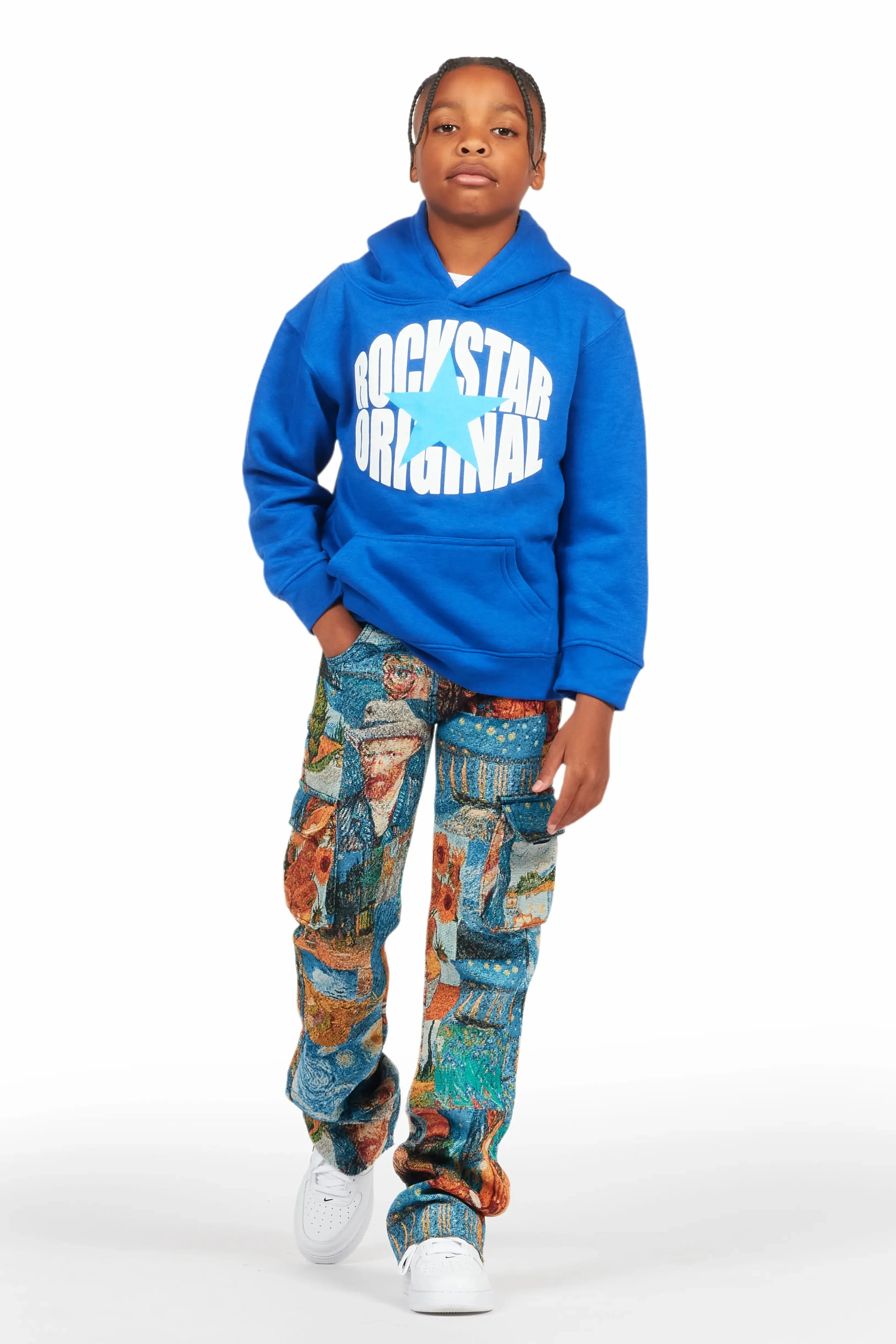 Boys Zaire Blue Multi Tapestry Stacked Flare Jean