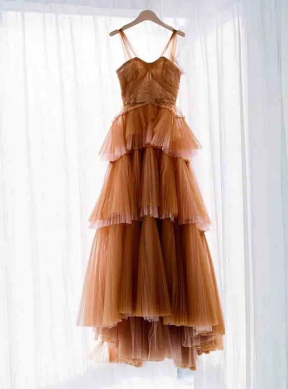 Brown tulle long prom dress, evening dress       fg2358