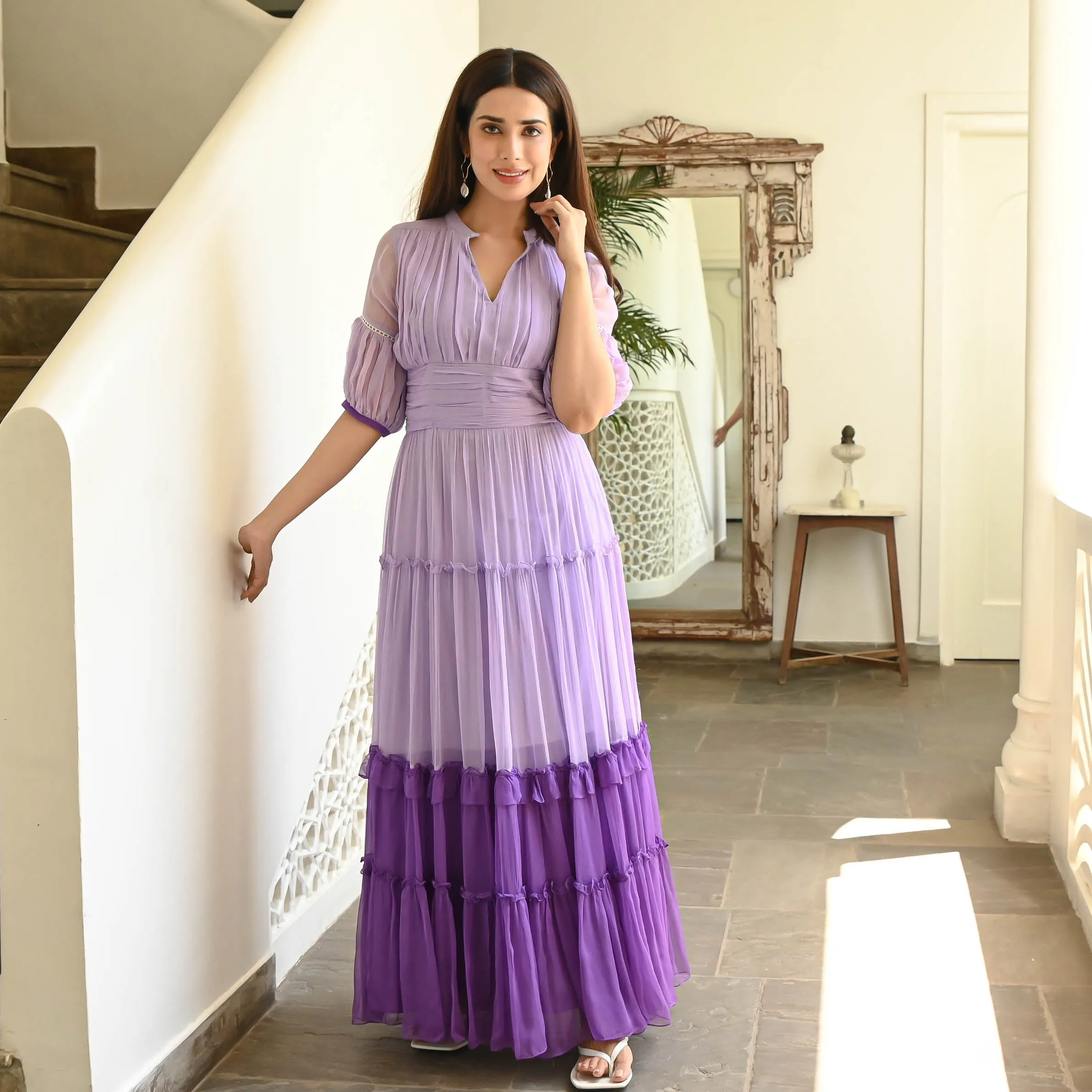 Bunaai Shades Of Purple Chiffon Maxi Dress