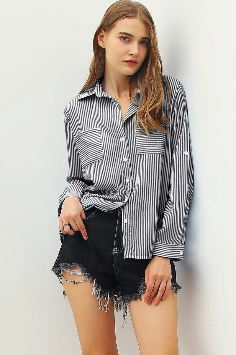 BUTTON DOWN VERTICAL STRIPE TWO POCKETS SHIRTS