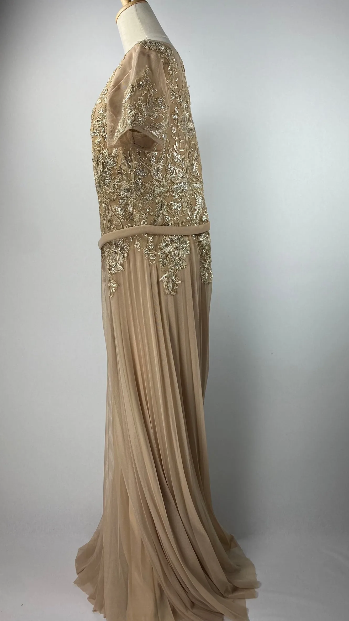 Cachet Short Sleeve Maxi Evening Gown with Embroidery, Gold