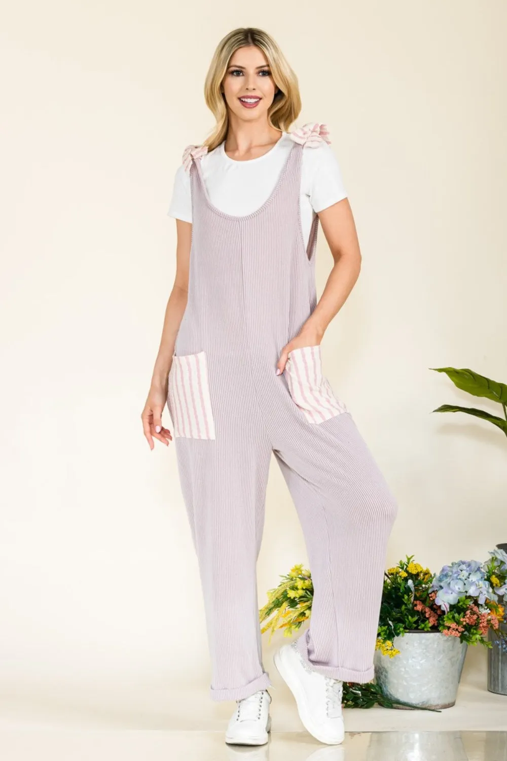 CELESTE Full Size Stripe Contrast Pocket Rib Jumpsuit