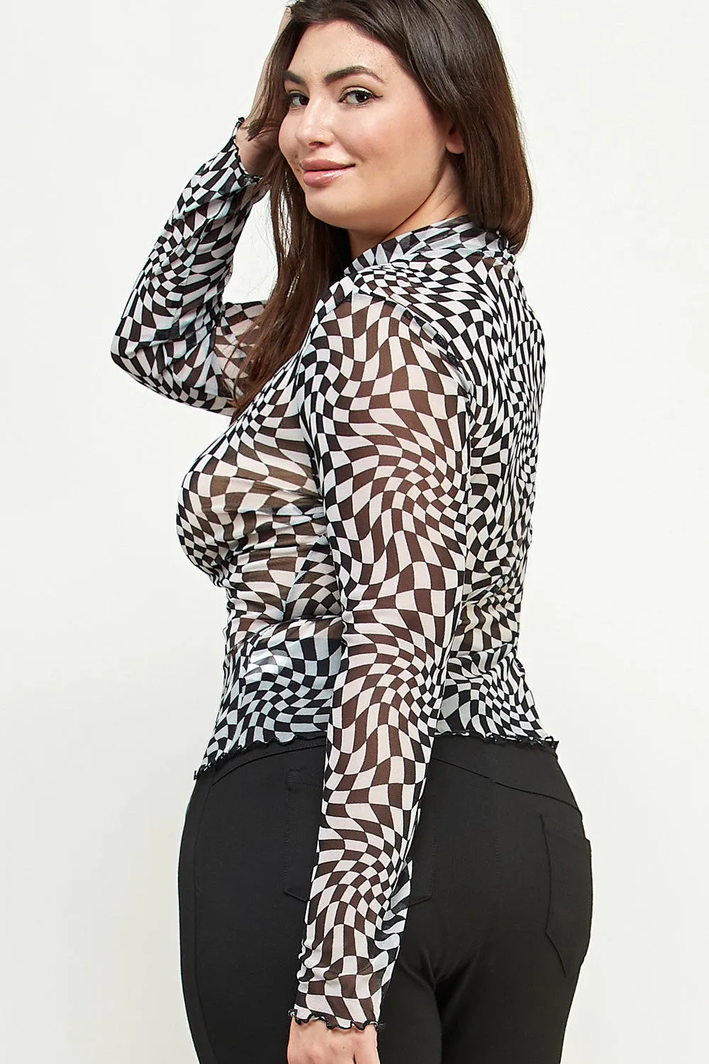 Checker Print Mesh Turtleneck