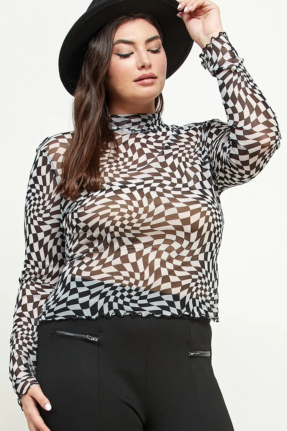 Checker Print Mesh Turtleneck