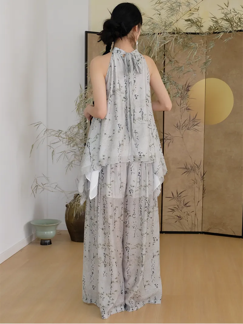 Chinese Style Straight Printed Wide-leg Pants