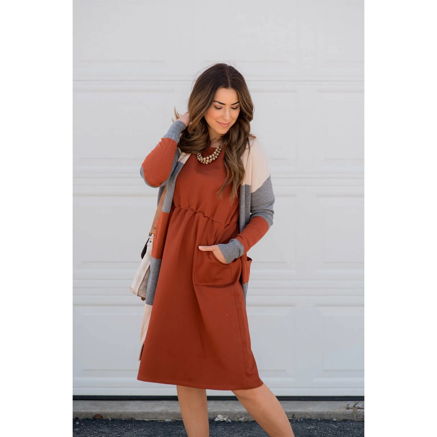 Cinched Waist Pocket Sweatshirt Dress