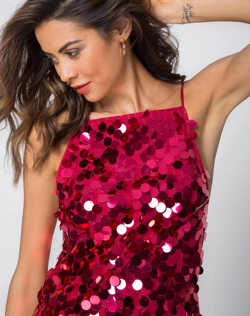 Corine Slip Dress in Red Cherry Disc Sequin